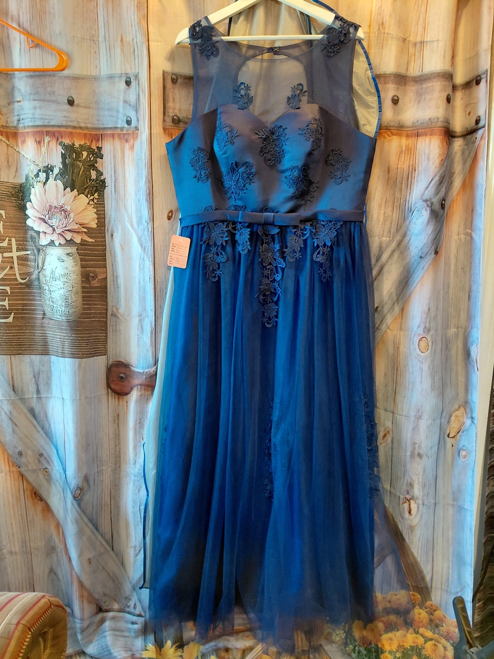 Sleeveless Navy Blue Embroidered Tulle Dress